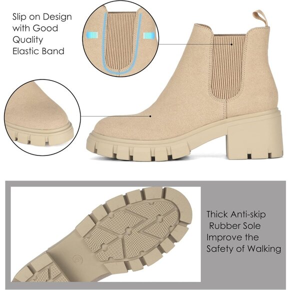 Women's Chelsea Nude Boots Fashion Lug Sole Chunky Heel Slip On Ankle Booties - Picture 4 of 6